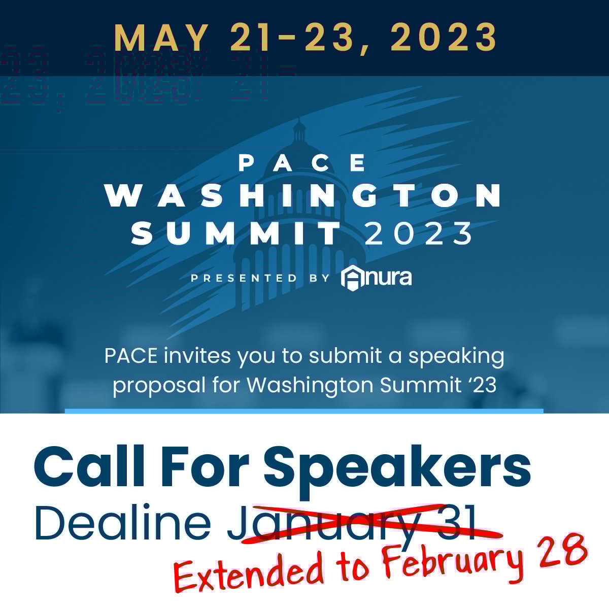 Woohoo! 👏 Great news! We've extended our Washington Summit Call for Speakers submission deadline to the end of February!

Our events are so much better when we hear directly from our members. 

Submit your proposal: bit.ly/3HgNGpS

#PACEDC23 #PACEassociation #Faceofpace