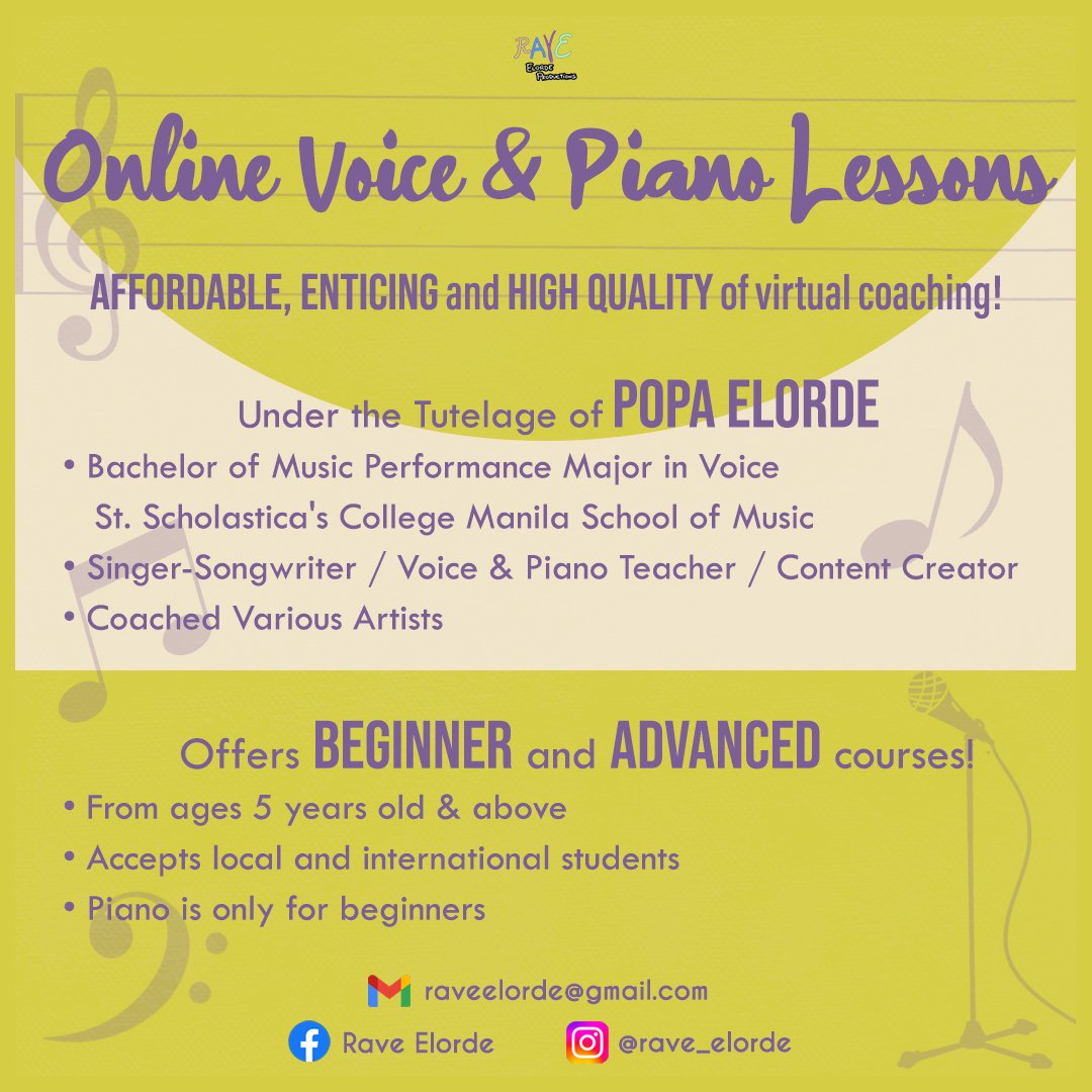 We now offer Online Voice & Piano Lessons! 
with @popaelorde

For more info: forms.gle/tXJNukuuJm15Co…

🎹 Enroll Now! 🎶🎙

#VoiceLessons #PianoLessons
#MusicLessons #SingerSongwriter
#Affordable #OnlineServices 
#RAVEElordeProductions