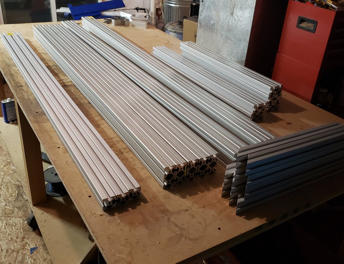 AnalogEng's tweet photo. After weeks of waiting the aluminum t-slot pieces arrived! Time to get this cnc built up. https://t.co/OwD1Fcniu9
