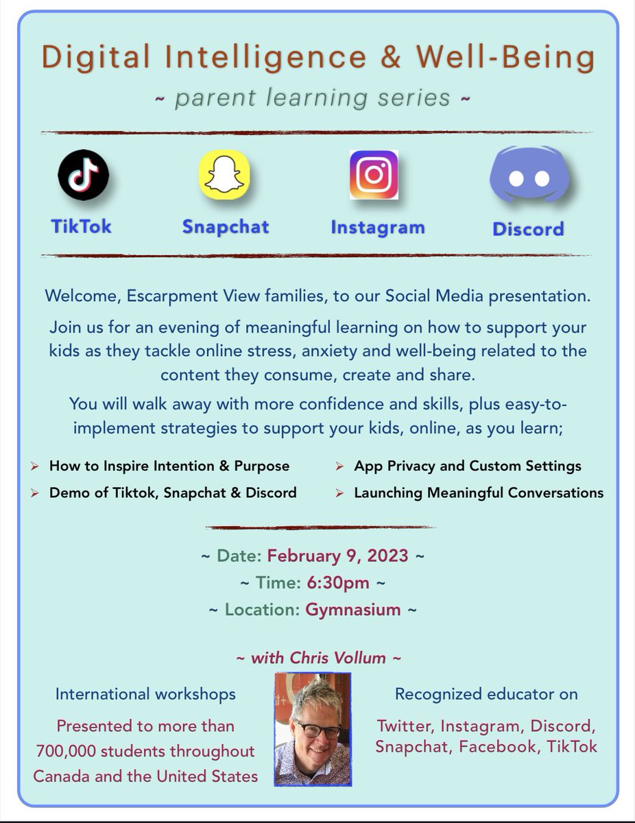 EscarpmentView's tweet photo. Inviting all EVP families to attend the “Digital Intelligence &amp; Well-Being” learning series with @cmvsocialmedia 💻📱 https://t.co/oOcInDgWBr
