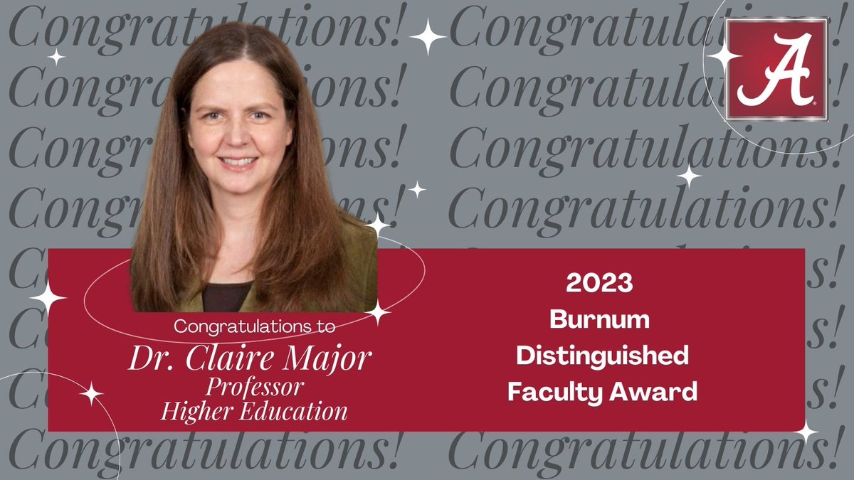 Congratulations to Dr. Claire Major for being selected as this year’s recipient of the Burnum Distinguished Faculty Award. 

Award information: tinyurl.com/2we7svsb 

Dr. Major is the first College of Education recipient of this award. 

#Teaching #Excellence #Research #UA