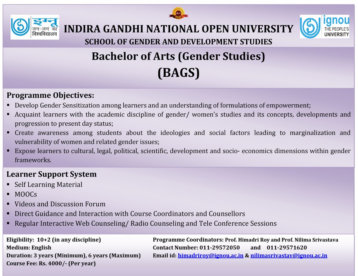 Admission open till 10 February for BA (Gender Studies) at ignouadmission.samarth.edu.in @OfficialIGNOU @IGNOURCDELHI1 @ignou_2 @ignourcdelhi3 @rcnoida @ignoumumbai @RCCHENNAI1 @IGNOUKolkata @IGNOUVaranasi @IGNOULucknow @AligarhIgnou @ignourcpatna @rcdeoghar @BhagalpurRc @32rcranchi