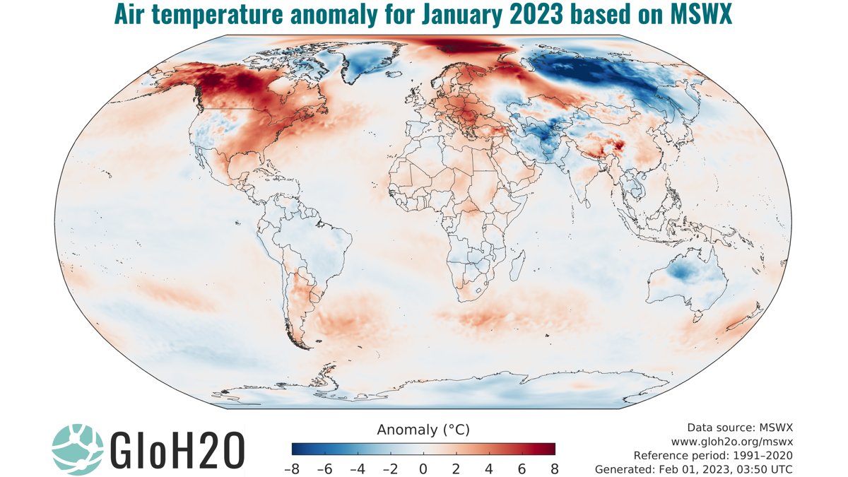 The global average air temperature for January 2023 was 0.25 °C above the 1991–2020 average.