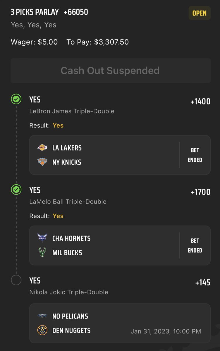 JoeDellera's tweet image. CASH THAT!!!

The Triple Triple Double lotto!

LeBron James ✅
LaMelo Ball ✅
Nikola Jokic ✅

LET ME SEE IF YOU TAILED!!

@ActionNetworkHQ @CashThatPodcast @DKSportsbook