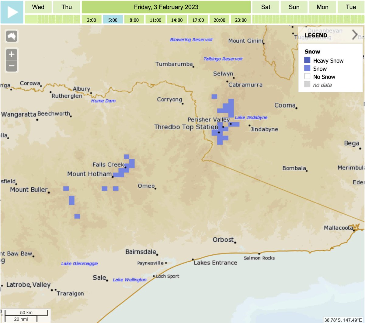 A summer dusting of #snow is forecast for alpine regions (around 1300m) in #NSW and #Victoria on Fri morning. 

A cold front, from the Southern Ocean, will approach SA VIC and TAS later today, dropping temps 6-12C below average for 2 to 3 days. 

(Image: Bureau of Meteorology)