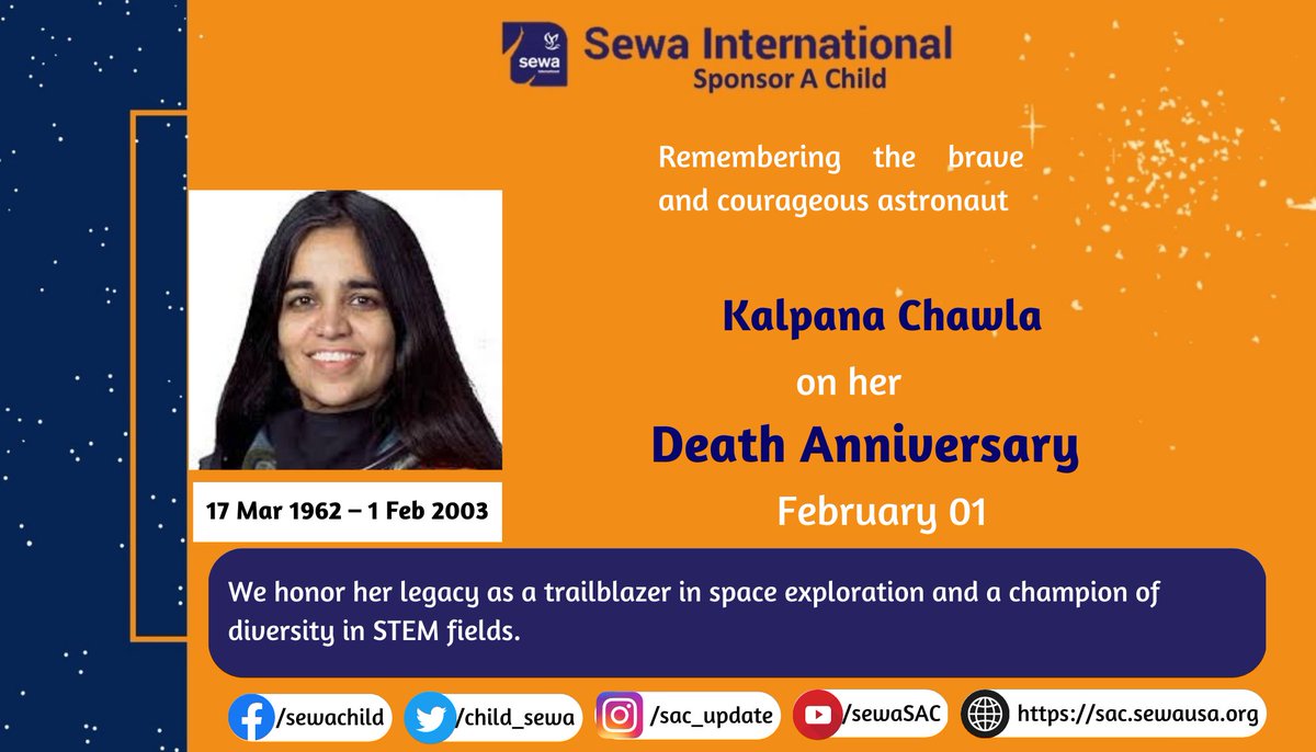 child_sewa's tweet photo. #OTD we remember the brave astronaut, #KalpanaChawla, on the anniversary of her passing. Her legacy continues to inspire us to reach for the stars &amp; strive for excellence in all our endeavors. Salute to her courage. #Astronaut #Inspiration #NeverForgotten https://t.co/JB42uliLID