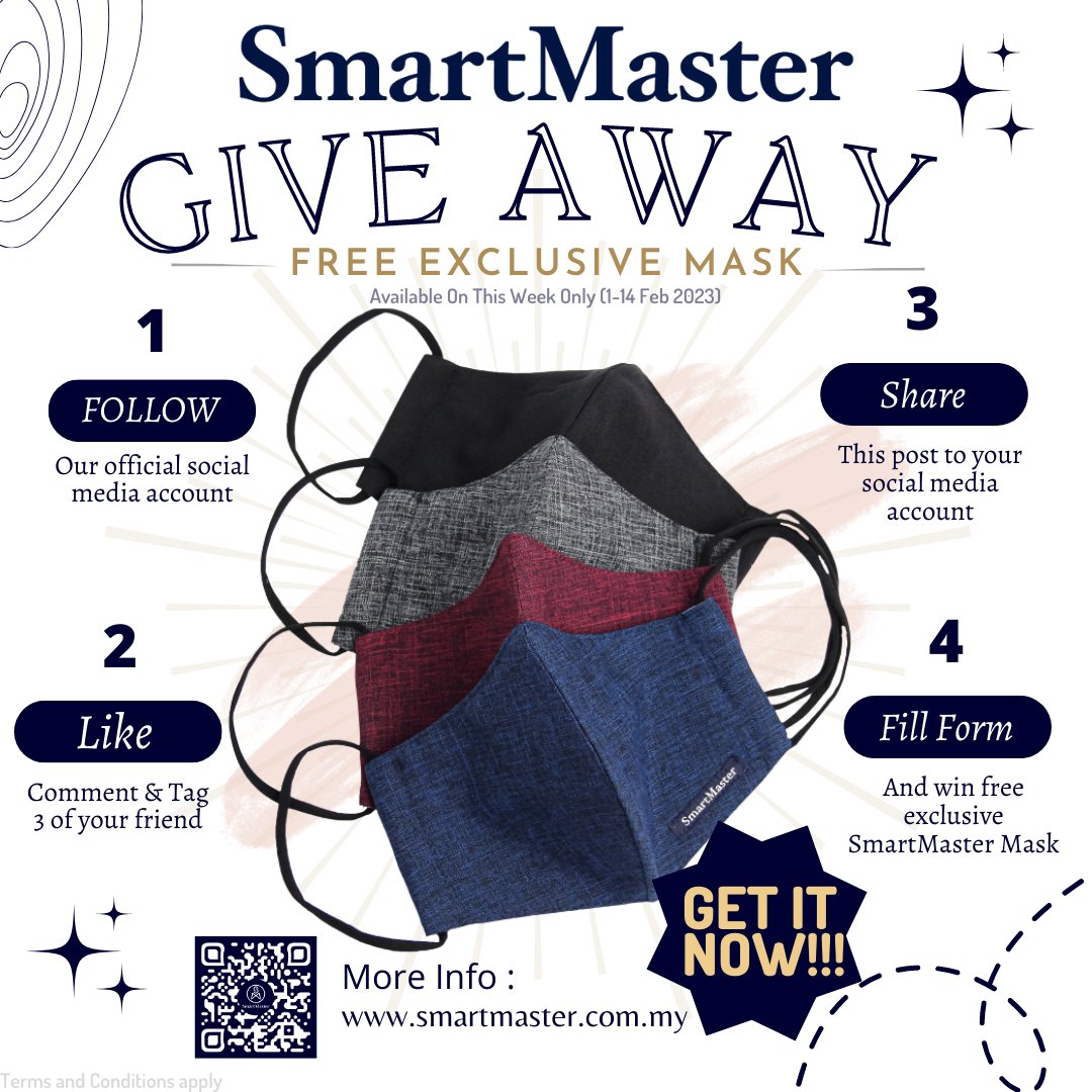 SmartMasterMY's tweet photo. It looks like the mask will be around for a while, so the good news is that SmartMaster wants to give you an Exclusive Mask for free so you can look good with your mask on.
click on our #linkinbio to explore with us.
#SmartMaster #smartmastermy #TailorMade #Quality #Premium https://t.co/RLn7jkhqaK