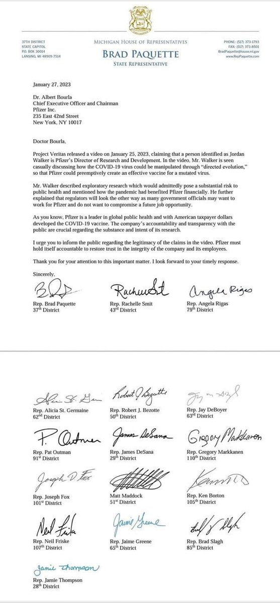 INCOMING!! 🚨
16 Michigan State legislators sign letter demanding answers from Pfizer regarding viral #DirectedEvolution video

'Pfizer must hold itself accountable to restore trust in the integrity of the company and its employees.'