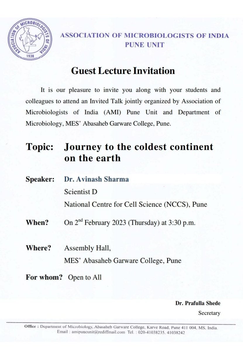 Curious to know about life in Antarctica? Join in to know the interesting journey of @SharmaAavi to Antarctica & the research his group is performing. The talk is open to all. Retweet for a bigger reach. #AMI @DBTIndia @DBT_NCCS_Pune #AcademicTwitter More details 👇