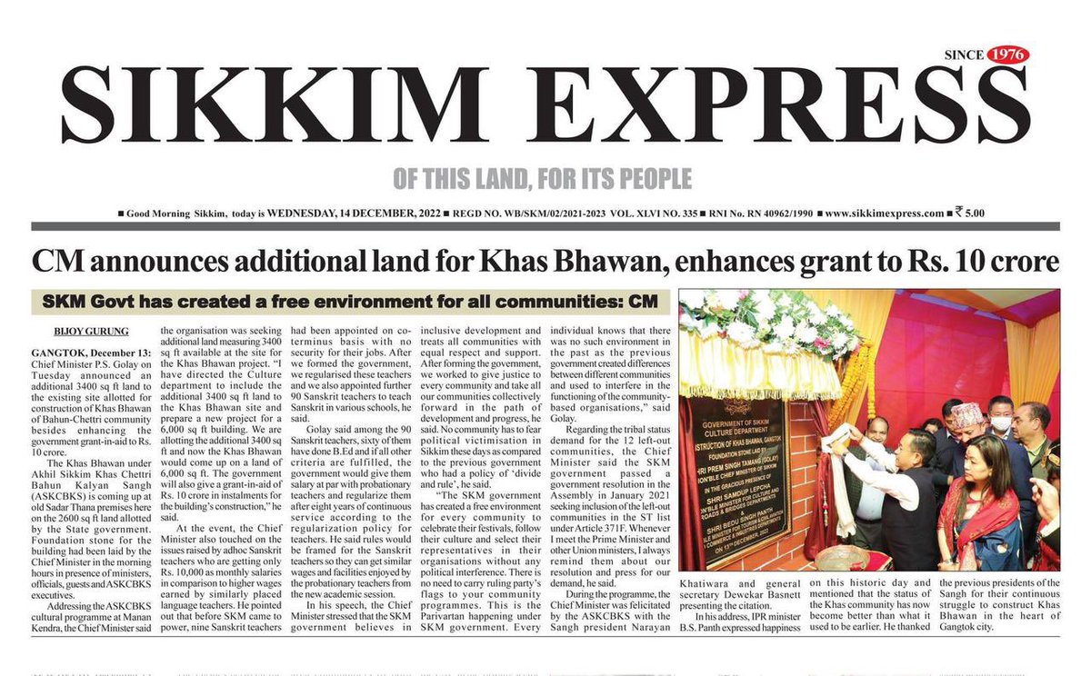 25UpperTadong's tweet photo. @the_sailu @PSTamangGolay For your information please 
Chief Minister P.S. Golay on 13 Dec 22 announced an additional 3400 sq ft land to the existing site allotted for construction of Khas Bhawan of Bahun-Chettri community besides enhancing the government grant-in-aid to Rs. 10 crore. https://t.co/hqkkfxOhoY