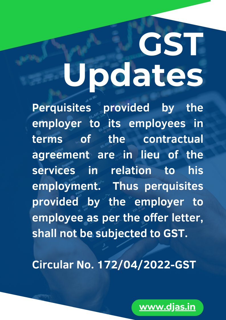 deepakjain141's tweet image. Whether house/car provided to the employee for their use shall be charged to GST? The answer is NO. Where such facilities are covered under offer letter, then GST shall not be charged on such perquisites.

#Tax #GST #DJAS # GSTUpdates #Perquisites #Employer #Employee #OfferLetter