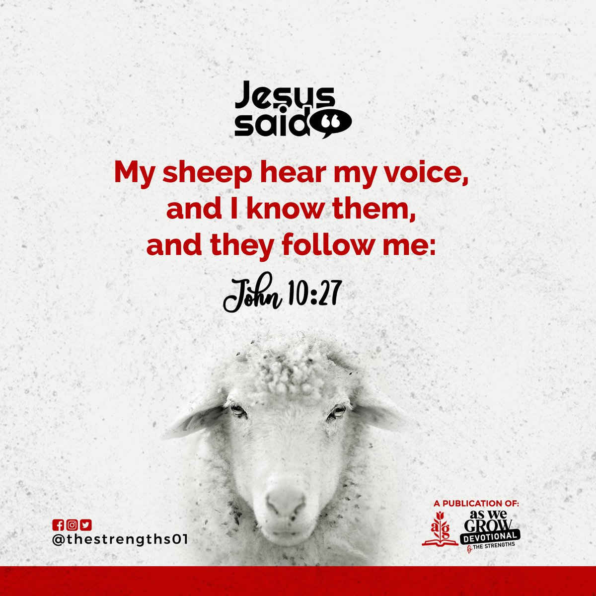 Jesus said: 
Daily Dose of the Words of Christ, everyday in February.

DAY 1

John 10:37
'My sheep hear my voice, and I know them, and they follow me:

Love from @thestrengths01

#JesusSaid #goodShepherd #TheStrengths #theLordismyshepherd #aswegrowdevotional #aswegrow

1.