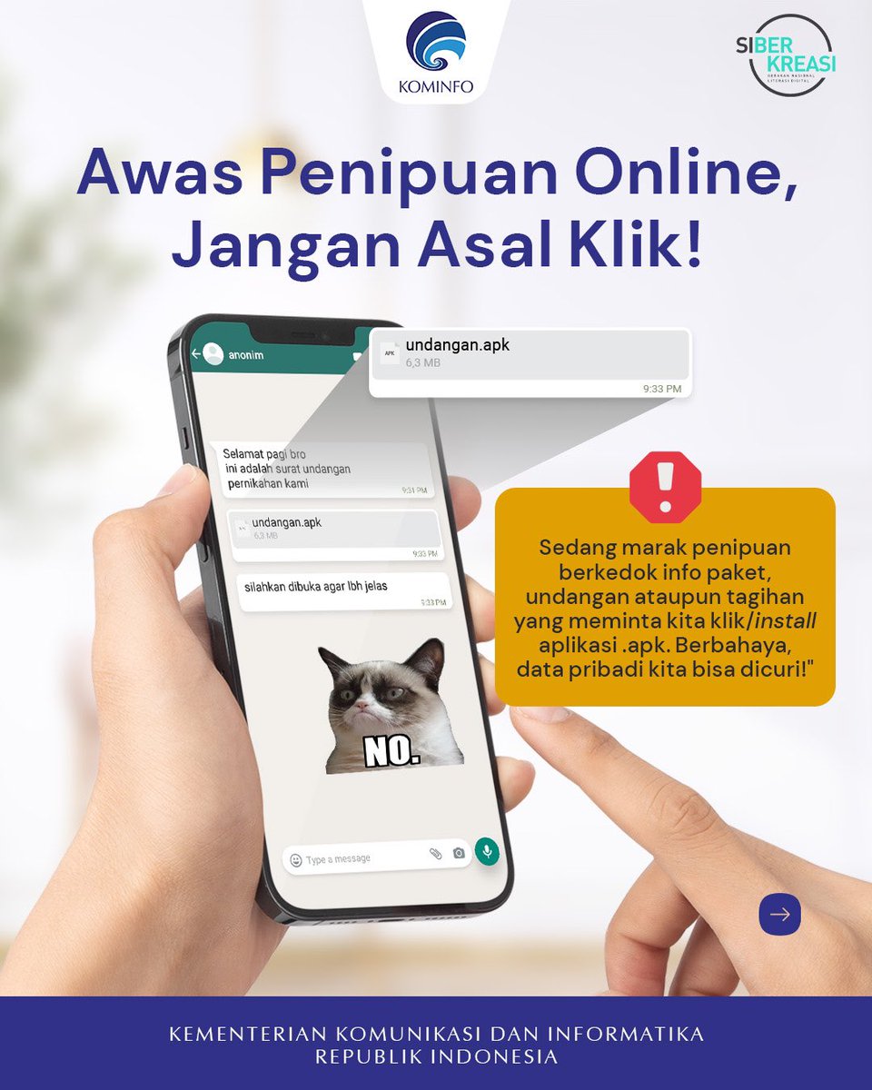 Eits ada pesan dari nomor yang tidak dikenal kirim info paket?  

Awas penipuan online!