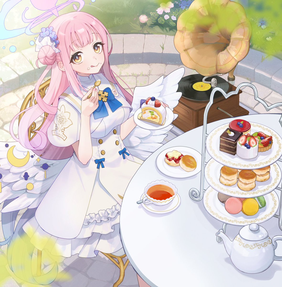 mika (blue archive) cake 1girl food tiered tray pink hair single side bun plate  illustration images