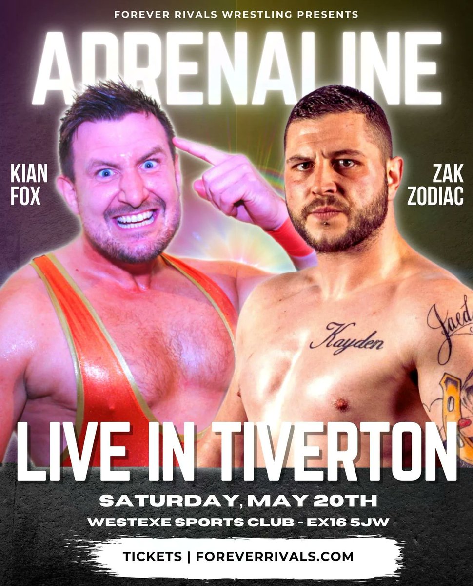 rivals_pro's tweet photo. A HUGE heavyweight showdown is set Tiverton, May 20
Tickets &amp; info:
https://t.co/nornEejTJW
.
Don't miss out, join us for this absolute show stealer live &amp; in person!
@SlyT_KianFox
Vs @TheZakZodiac
#aew #wwe #wrestlememes #WrestlingTwitter #wrestlingnews #Wrestling #fight https://t.co/xkYDAowHA9