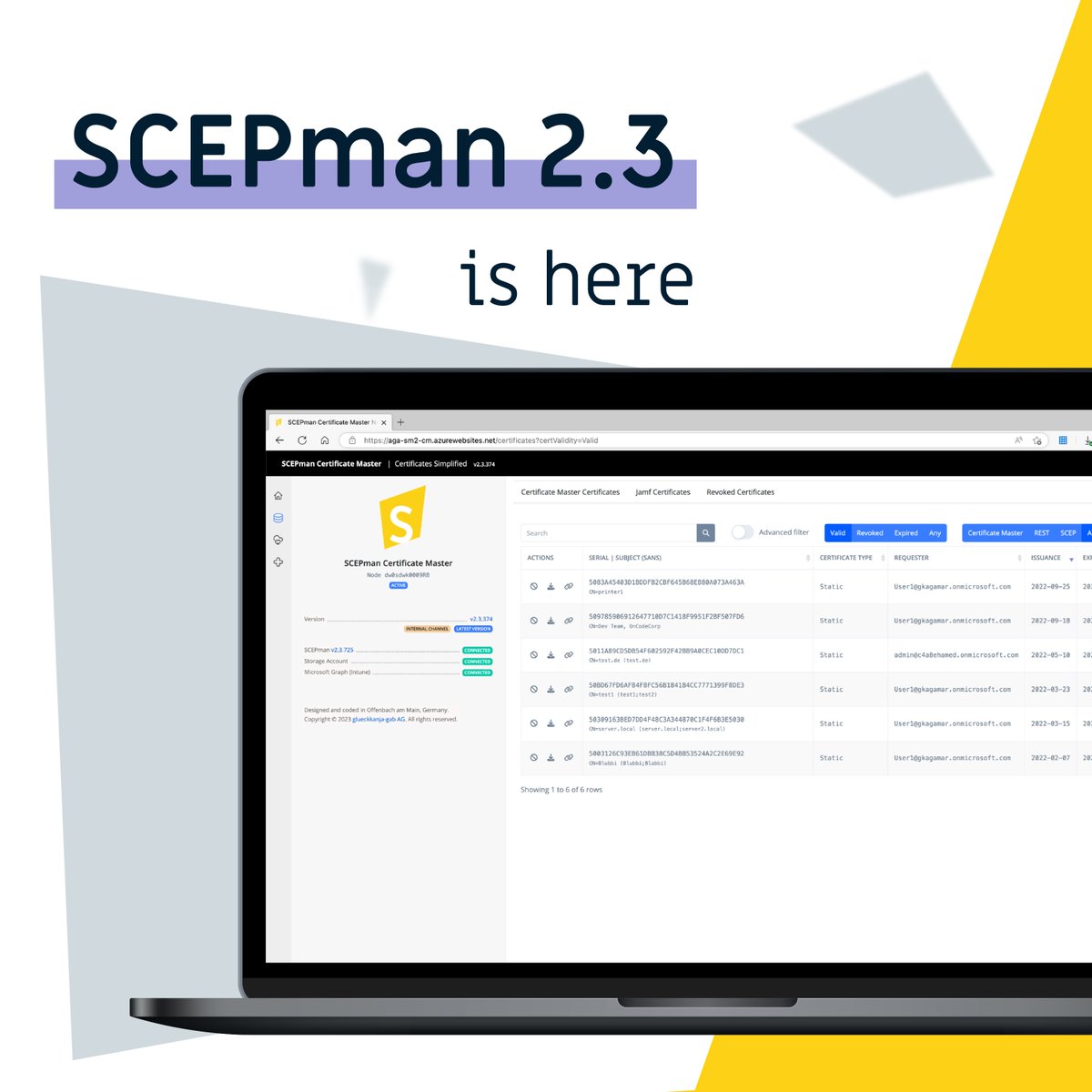 scepman_'s tweet image. Get ready for a seamless #certificatemanagement experience! #SCEPman 2.3 is here, with REST API for CSR submissions, multiple certificate store options, ECC CA support, improved error handling and compliance checks, and much more. Upgrade now! docs.scepman.com/changelog