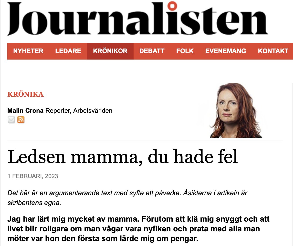 "Att betala för journalistik är som att betala för en försäkring. Faktum är att journalistik är bättre än en försäkring eftersom den också fungerar före­byggande och kan se till att saker inte händer igen." Så den här gången har du fel, mamma.  journalisten.se/kronika/ledsen…