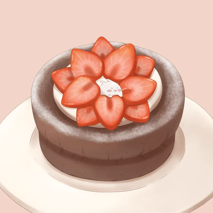 ガトーショコラのいちごにくっつくまるまるつるっとしたうさぎ 