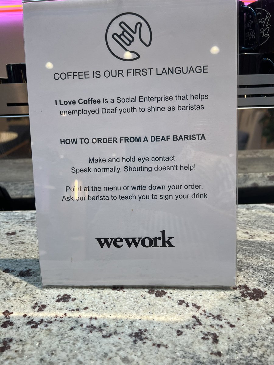 <a href="/WeWork/">WeWork</a> have teamed up with <a href="/ilovecoffee_za/">i love coffee group</a> a barista training scheme for D/deaf people which is neat.