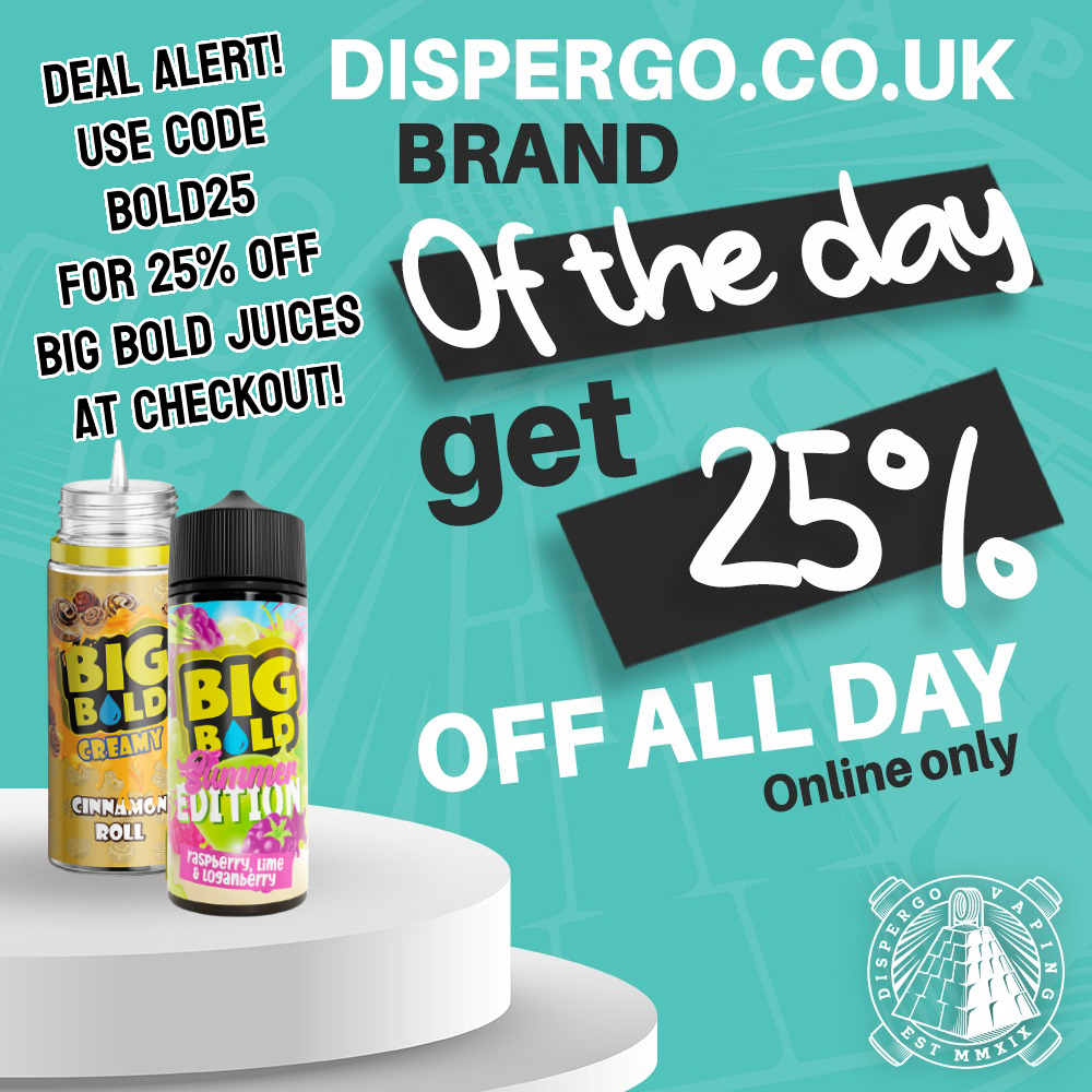 Todays deal!! Big Bold juices. Use code BOLD25 at checkout for 25% off!! Head over to dispergo.co.uk and get money off! #vape #vaping #dispergo #likesforlikes #RetweeetPlease #follow #eliquid #vapejuice #ukvapers #ukvaping #vapeshop #online #likeme