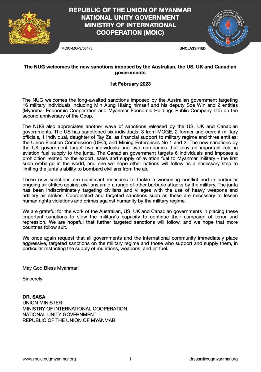 DrSasa22222's tweet photo. The NUG welcomes the new sanctions imposed by the Australian, the US, UK and Canadian governments

The NUG welcomes the long-awaited sanctions imposed by the Australian government targeting 16 military individuals including Min Aung Hlaing himself and his deputy Soe Win and 2.. https://t.co/wrwIVsxXRu
