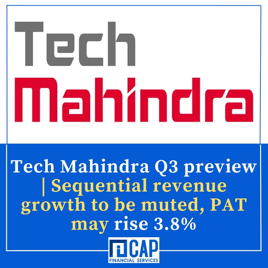 ICapFinancialS1's tweet photo. Tech Mahindra Q3 preview: The IT services
firm's consolidated revenue, in rupee terms, is
expected to rise 18% YoY and 3.7% QoQ to Rs 13,612
crore https://t.co/nvWN5Qq3ZE
