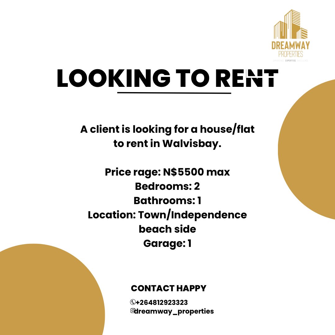 A client is looking for a house/flat to rent in Walvisbay📌

Kindly contact us on 0812923323

#lookingtorent #houseforrent #realestate #realestateagent #rent #propertytorent