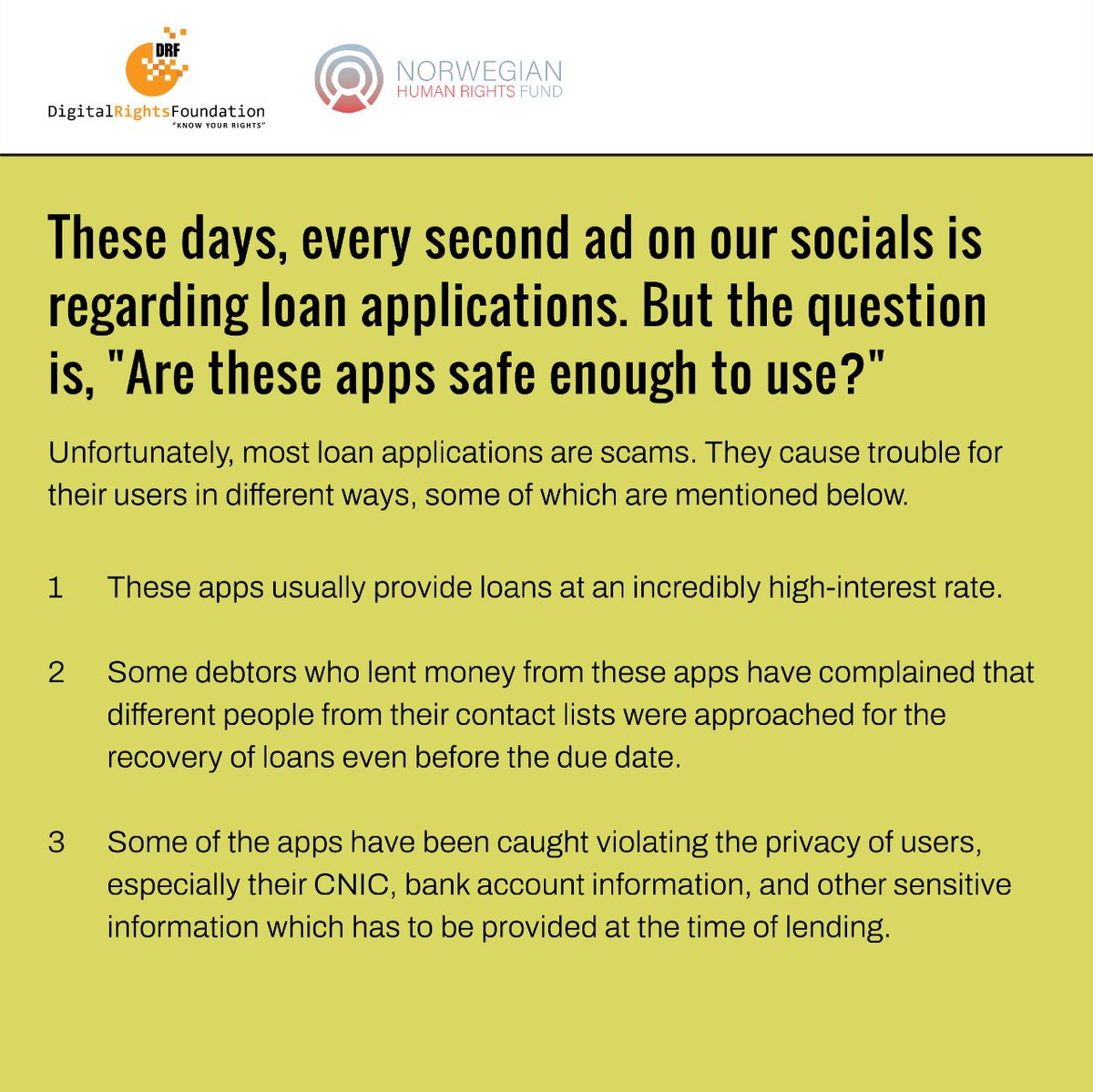DigitalRightsPK's tweet photo. Do you see loan applications ads on your socials all the time? Are these loan apps safe to use? 

#OnlinePrivacyCheckup https://t.co/7JmAL7Tod1