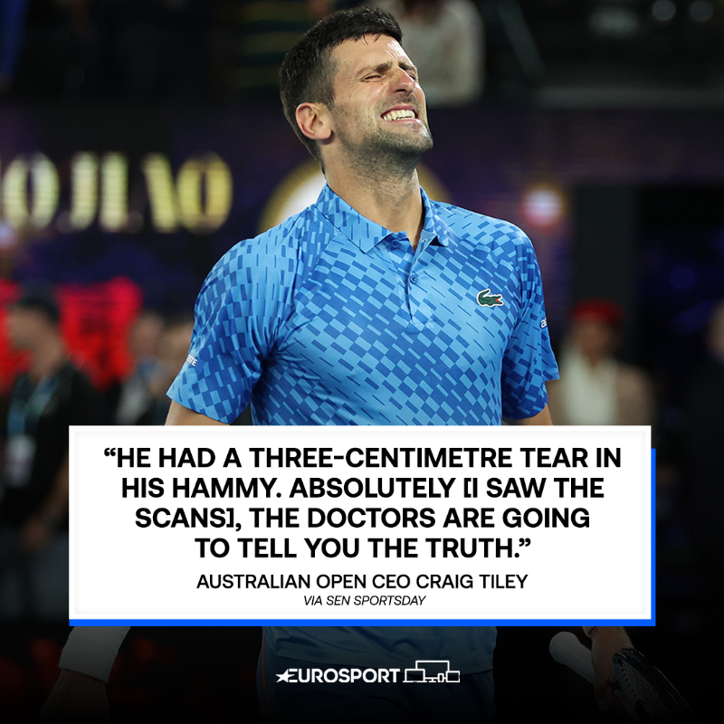 cyclingontnt's tweet photo. Novak Djokovic won the Australian Open with a three-centimetre tear in his hamstring according to the tournament CEO 🤯