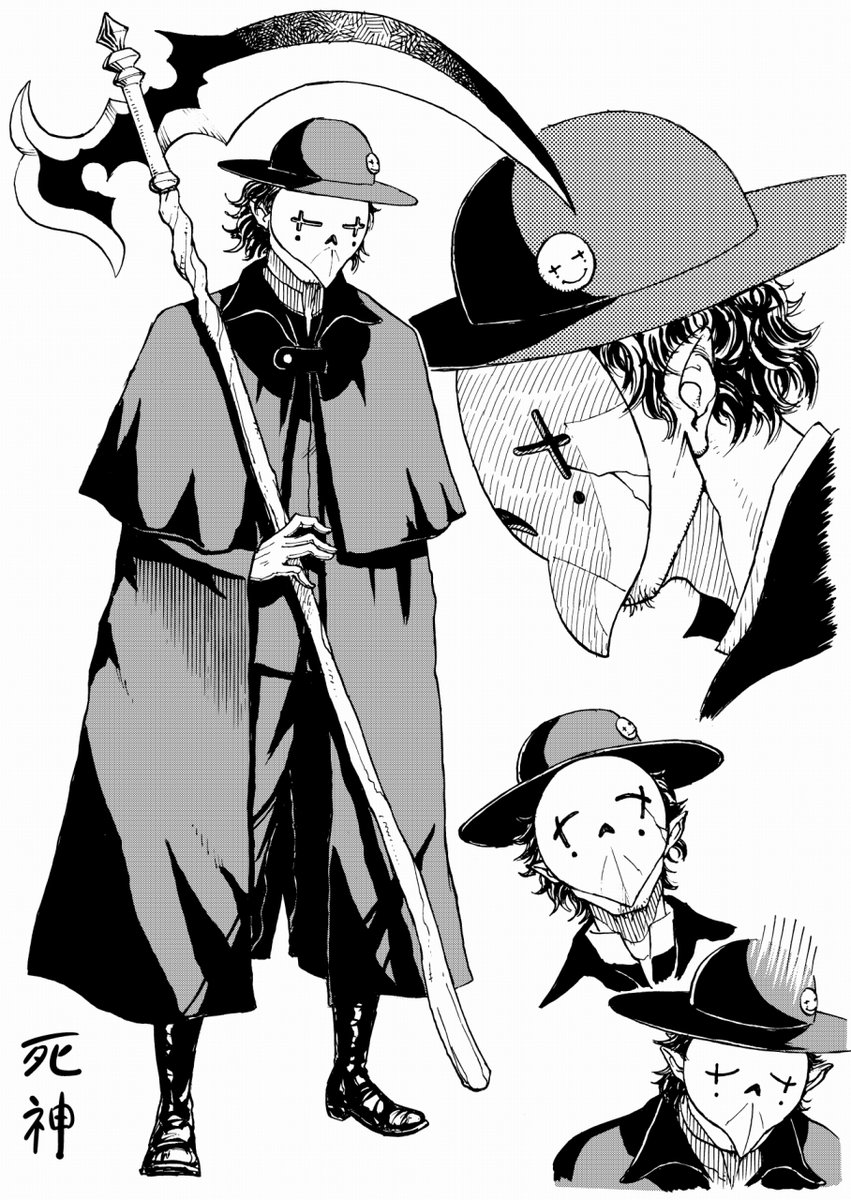キャラ表。原作を読ませて頂いた時に思わず、「ま…また眼鏡なのかっ…」と戸惑ったと同時にテンションが上がったのを覚えています(この直前に描いてた未発表作のヒロインも眼鏡)。死神さんは原稿だと無意識に一回り大きく描いちゃったけど、結果それでよかったかなと思っています。 