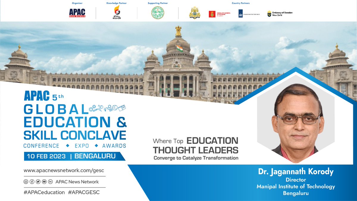 Apacnewsnetwork's tweet image. We are glad to welcome Dr. Jagannath Korody, Director, #ManipalInstituteofTechnology, Bengaluru  as a &apos;Speaker&apos; at the APAC &apos;5th GESC&apos; on 10 Feb 2023, in Bengaluru.

For more info, Visit- apacnewsnetwork.com/gesc/5th-editi…

​#APACEducation #GESC #EDTECH #Universities #School