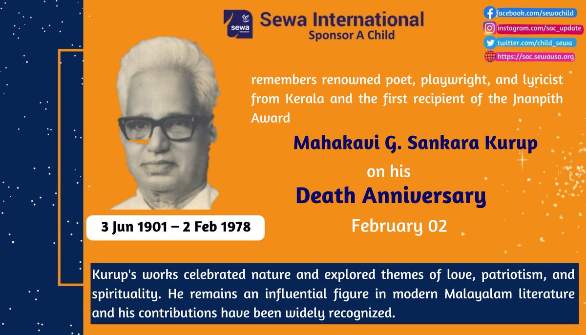 child_sewa's tweet photo. #OTD, we pay tribute to the great Indian poet and writer, Sankara Kurup, who was a pioneer of modern Malayalam poetry. Let us take a moment to appreciate his contributions to Indian literature. #SankaraKurup #MalayalamPoetry #IndianLiterature #JnanapithAward https://t.co/aRkMWWQEkU