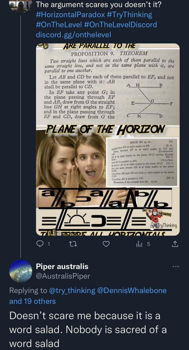 try_thinking's tweet photo. @AustralisPiper @DennisWhalebone @FooleryT @bretfeborwaqt @Ruskni1 @Lamprey2020 @NinjaBlogSecret @DeadKennedyInS1 @theNoozDotXYZ @E_Coli200 @TheFlatEartherr @BrockRiddickIFB @ronin19217435 @FlatEarthZone @FLATHORIZON1 @thefepodcast @flatsmackin @FlatEarthOrg @ken_caudle @100ItsLevel @ericdubay #If horizontal is a straight line parallel to the plane of the horizon, then All horizontals will be parallel to each other. All horizontal planes Are parallel to the plane of the horizon, therefore All horizontals are parallel to each other. #TheArgument #TryThinking https://t.co/ED6Vf4eyqO