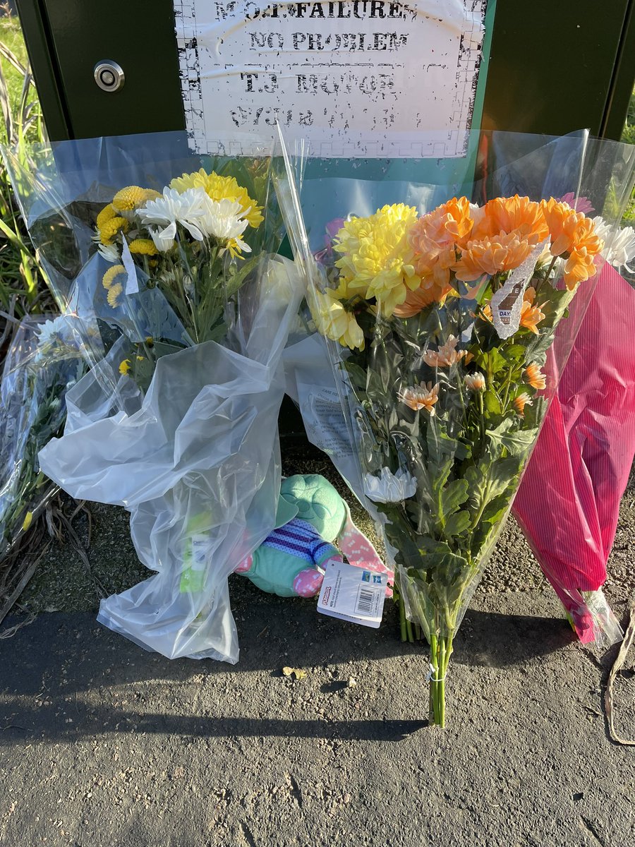 Flowers & a soft toy laid outside the house in Milton Keynes where a 4 year old girl died last night following a dog attack. @5_News