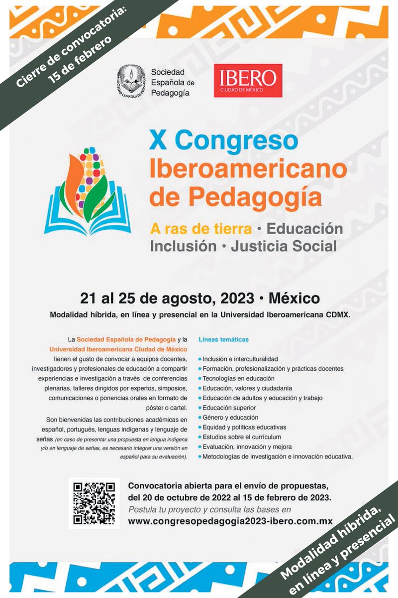 21 al 25 de agosto, 2023 • México
Modalidad híbrida, en línea y presencial.
15 de febrero de 2023 / Cierre del envío de propuestas
#CFP congresopedagogia2023-ibero.com.mx