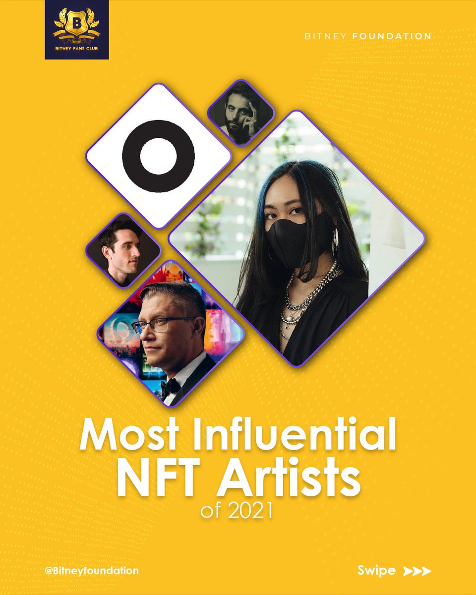 BitneyFansClub's tweet photo. In 2021, the NFT space exploded, pushing the boundaries of art. Below, we take a look at some of the most influential artists in the NFT space.
#BITNEY #Bitneyfansclub #bitneyfans #BFC #Bitney168 #blockchain #crypto #NFT #defi #BTC #ETH #BNB #SOL https://t.co/0Zg70IIzWd
