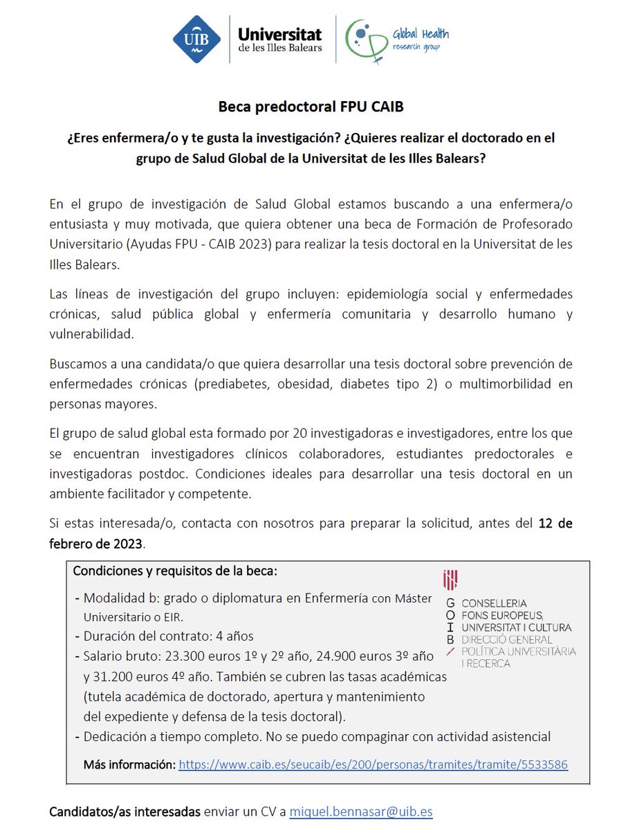 Estas interesada/o en hacer el doctorado? Eres enfermera/o y quieres hacer la tesis en prevención de enfermedades crónicas o multimorbilidad en personas mayores?
Buscamos un candidato/a para una beca predocotral @GlobalHealth_rg Envía tu CV antes del 12 de febrero
Más info👇 RT🙏