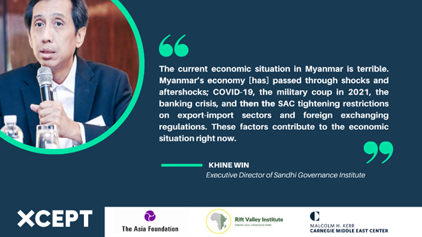 Economic and political conditions in #Myanmar have significantly deteriorated since the #militarycoup, a situation further impacted by global inflation and the effects of Covid-19. Hear more from economist Khine Win in this discussion with <a href="/nateshea/">Nathan Shea</a>: bit.ly/3HkLHRh  2/6