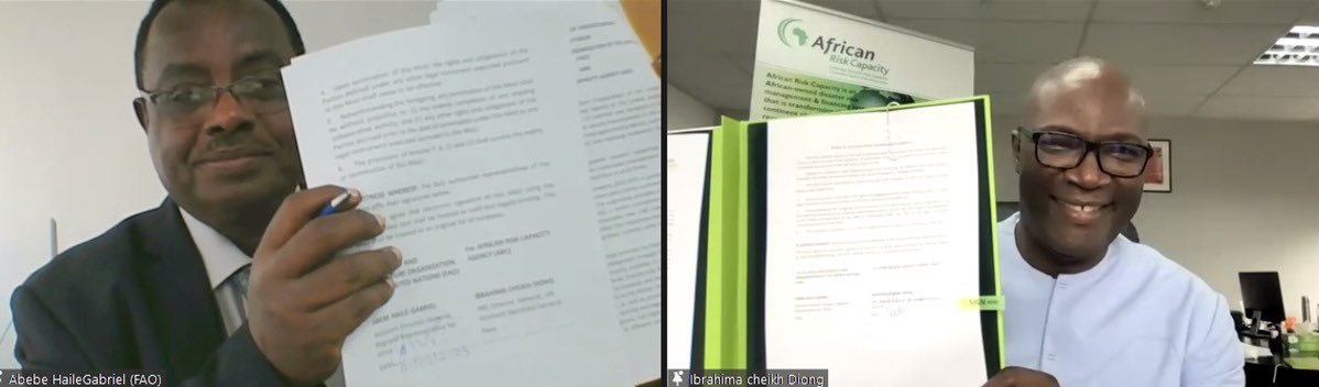 clapa's tweet photo. We did it!  This is @FAOAfrica and @ARCapacity signing an MOU to seal and strengthen the collaboration on #WomenEmpowerment and #gender-responsive #disasterriskmanagement and #ClimateAction in #Africa! 
🙌🤝 https://t.co/hl0v2Pxjjx