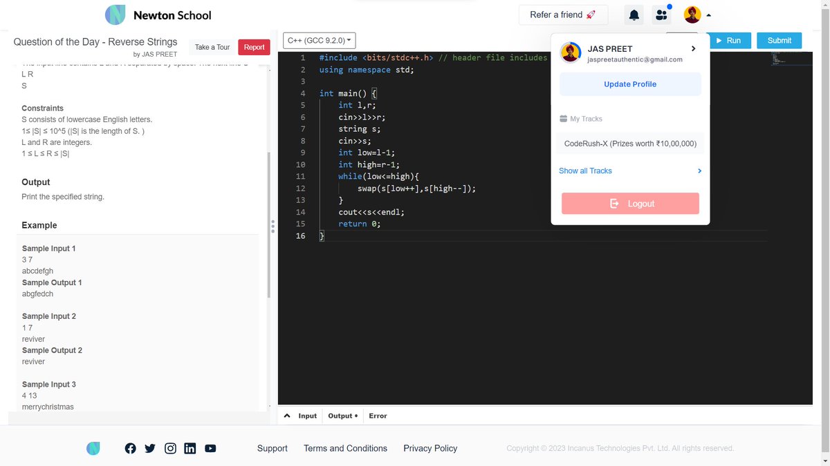 jaspreetinfosec's tweet image. Today I have solved &quot;Reverse Strings&quot; using #cplusplus 
#Day17  of #30daysofcode 
@everydaycoders

#community #coding #programming #competitiveprogramming #codingchallenge #dsa #bubbleupcommunity #codedu