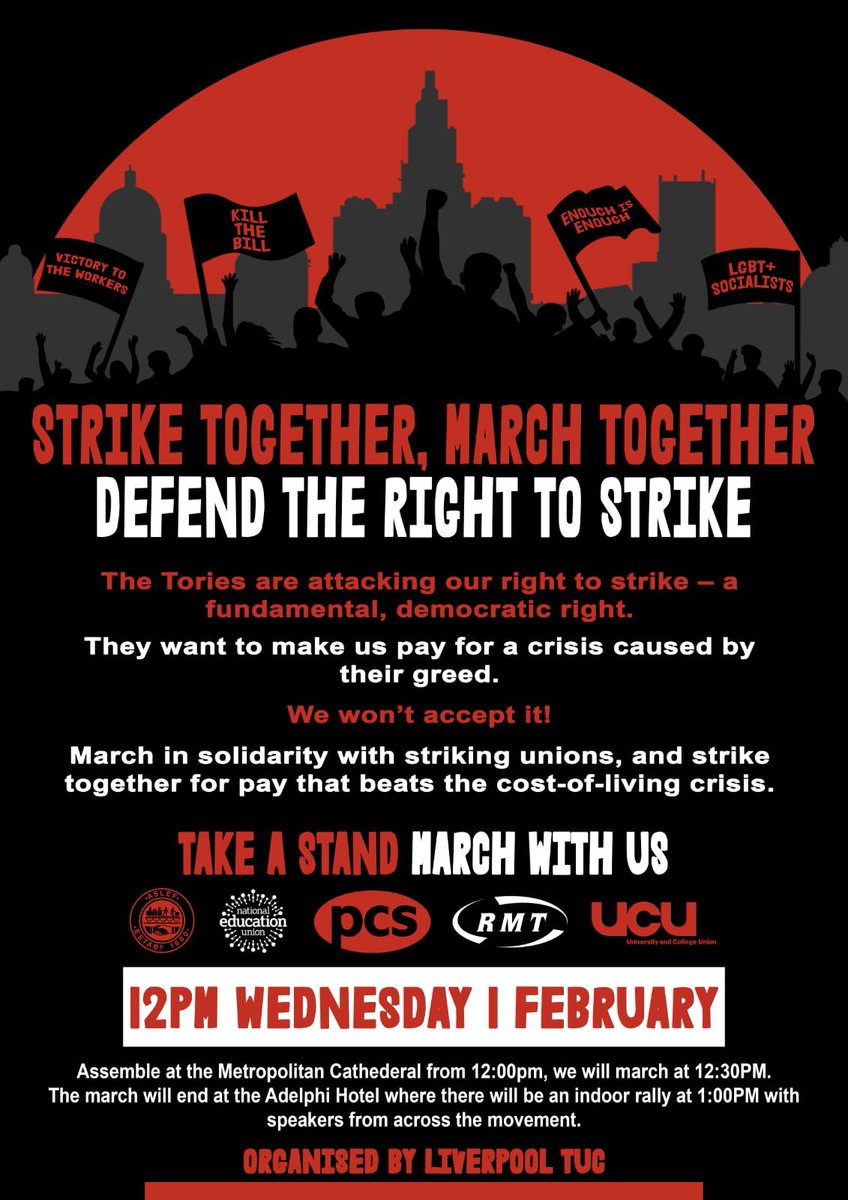 Off to Liverpool now to TUC rally in support of striking workers. 

All unions only want proper terms and conditions both for their staff and the industries in which they work.

#SupportStrikers #TaxTheRich