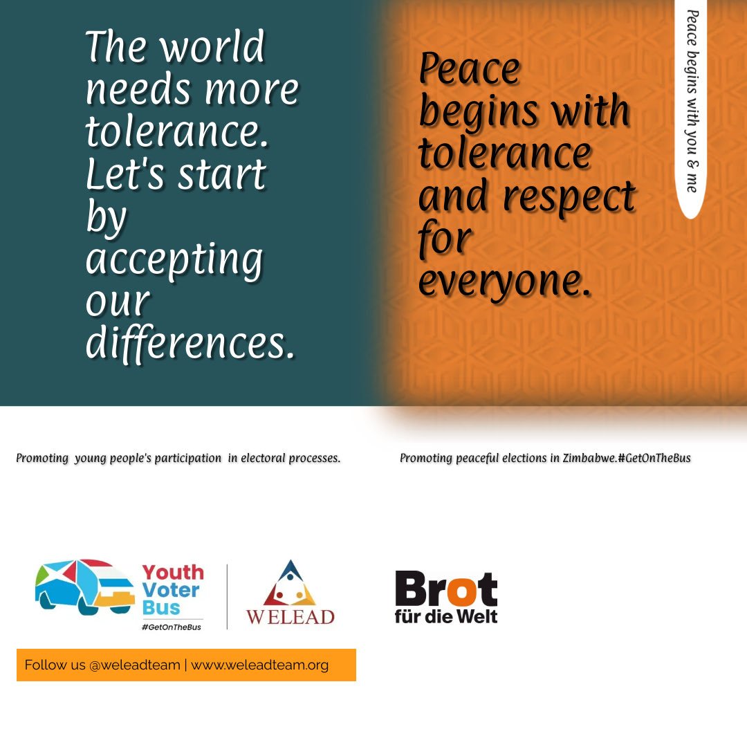 It is everyone’s duty to encourage political tolerance in Zimbabwe.Peace is achievable. #GetOnTheBus <a href="/BROT_furdiewelt/">Brot für die Welt</a> <a href="/nangozimbabwe/">NANGO Zimbabwe</a> <a href="/LeadersZimbabwe/">Young Leaders Initiative Zimbabwe</a> <a href="/democracy_moves/">Democracy Moves</a> <a href="/NDI/">National Democratic Institute</a> <a href="/DiakoniaAfrica/">DiakoniaAfrica</a> <a href="/AdvMunhangu/">Learnmore Munhangu🇿🇼</a> <a href="/BorisCde/">THE OPPRESSED</a> <a href="/johncollinsZW/">John Collins 🇿🇼</a> <a href="/youth_invest/">Youth Invest</a> <a href="/YoungWomenInst/">Young Women</a> <a href="/namataik_/">Namatai Kwekweza🇿🇼</a>  <a href="/DemcoTrust/">DEMCO TRUST</a>