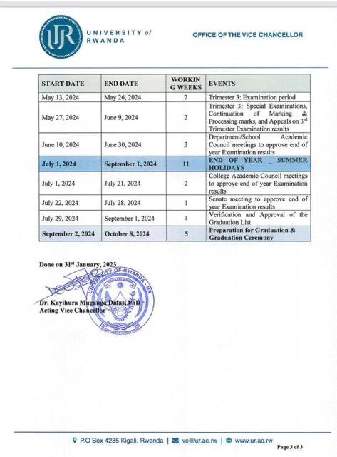 The calendar for the academic year 2023 for all undergraduate programs is out. The year starts on June 5th 2023, and ends on June 30th 2024. For details, visit our website thru the this link. ur.ac.rw/?University-of….