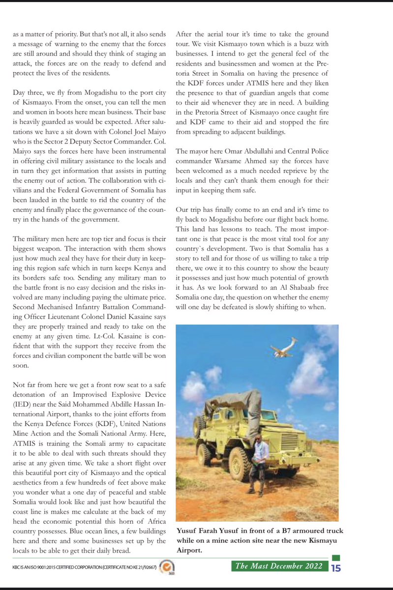 FarahJr002's tweet photo. Our @KBCChannel1 ‘s publication #TheMast featured my @ATMIS_Somalia story on the December Issue. Been quite a while since I tried my hand at #printmedia .
Grateful🙏 . https://t.co/LY9WaFTiAE