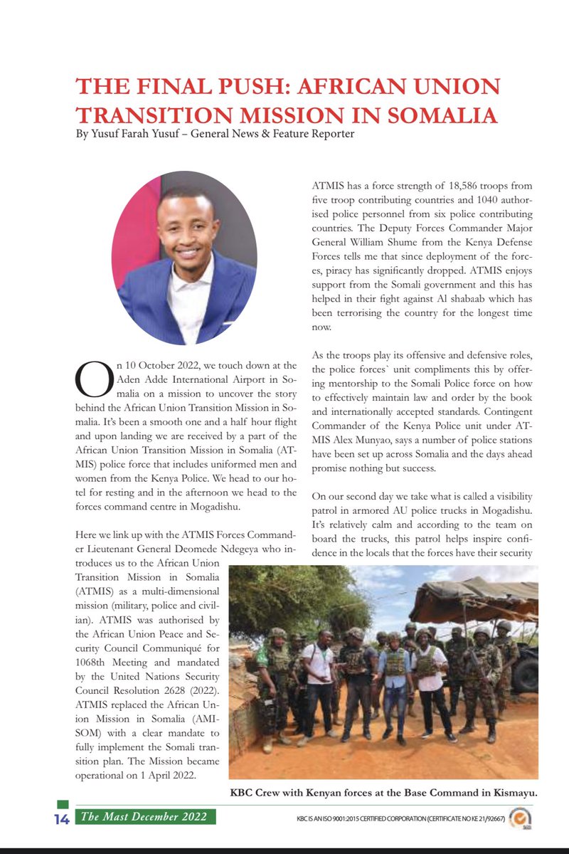 FarahJr002's tweet photo. Our @KBCChannel1 ‘s publication #TheMast featured my @ATMIS_Somalia story on the December Issue. Been quite a while since I tried my hand at #printmedia .
Grateful🙏 . https://t.co/LY9WaFTiAE