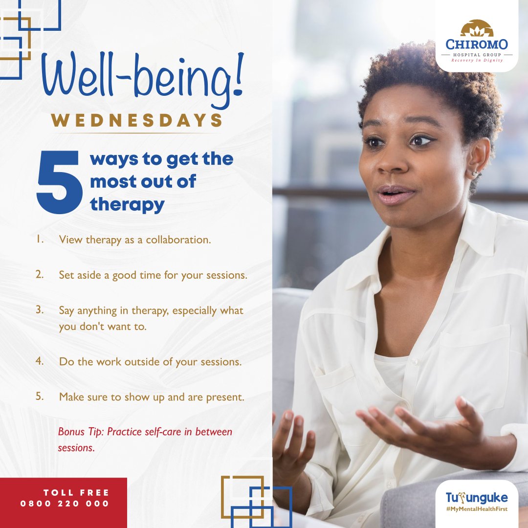 5 WAYS TO GET THE MOST OUT OF THERAPY.

1. View therapy as a collaboration.

2. Set aside a good time for your sessions

3. Say anything in therapy, especially what you don't want to.

4. Do the work outside of your sessions.

5. Make sure to show up and are present.

#Tufunguke