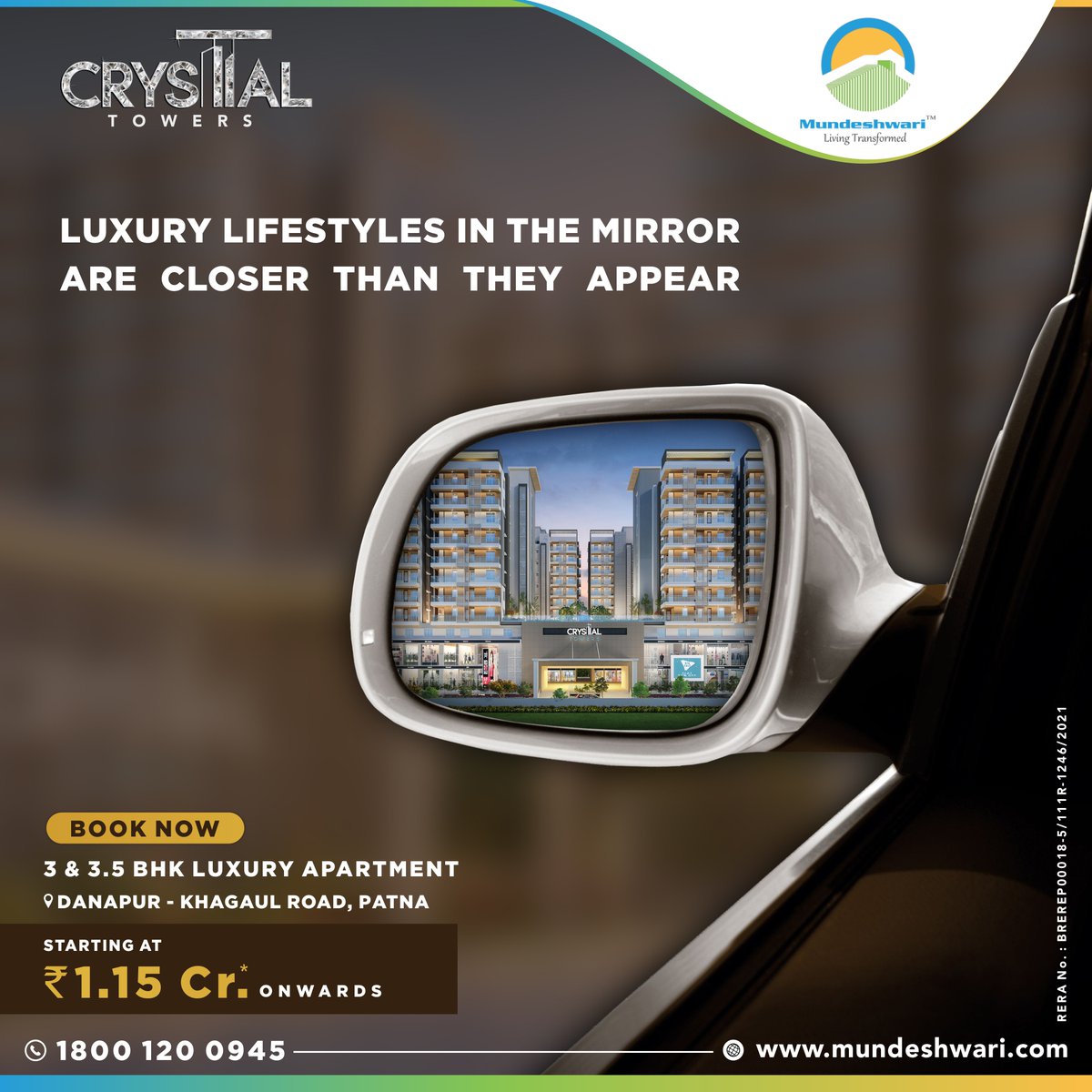 #LuxuryLifestyles in the mirror are closer than they appear.
At #CrystalTowers luxury coexists with the simple joy of life.
Featuring luxurious 3 BHK & 3.5 BHK #flatsinPatna.
📞 1800 120 0945
#3bhkflats #3bhkflatsforsale #luxuryhomes #modernlifestyle #luxuryapartments