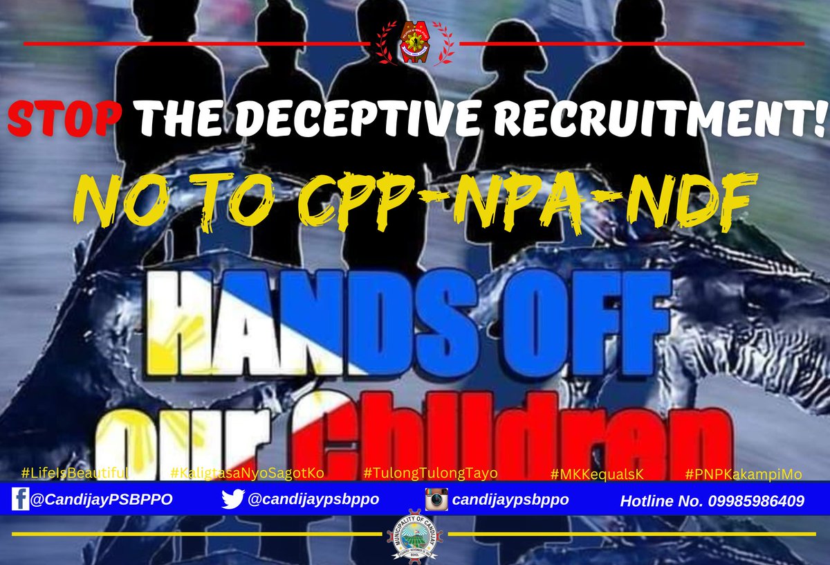 candijaypsbppo's tweet photo. SAVE OUR CHILDREN!
NO TO CPP-NPA-NDF!

#TeamPNPCandijay
#LifeIsBeautiful
#KaligtasaNyoSagotKo
#TulongTulongTayo
#MKKequalsK
#PNPKakampiMo
#StopTerrorism https://t.co/MNOUmAZ6IS