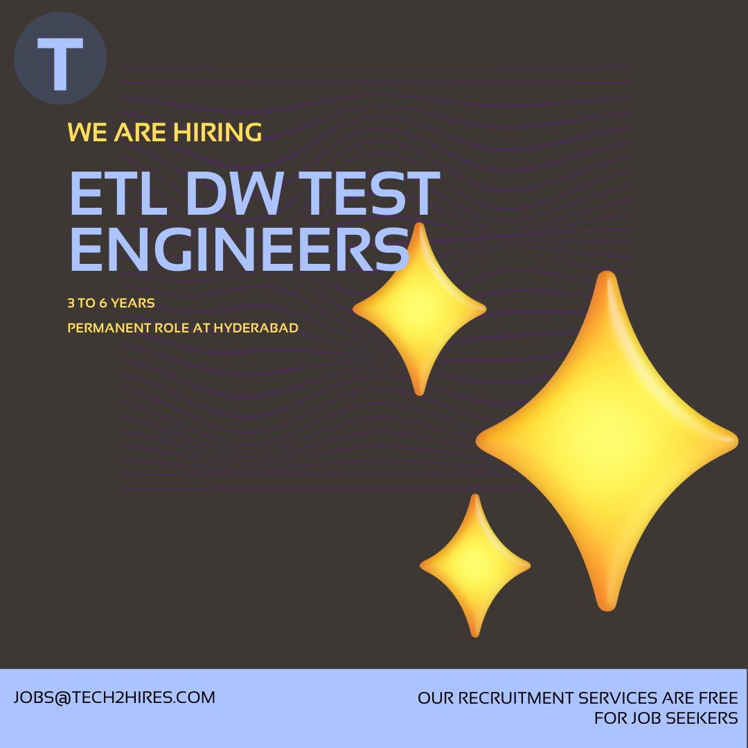 Tech2hires's tweet image. Current Software Job Opportunities in Hyderabad

ETL Test Engineer Jobs in Hyderabad

Dotnet Developer Jobs in Hyderabad

Angular Developer Jobs in Hyderabad

#jobs #jobsinhyderabad #hyderabadjobs #career #dotnet #ETL #DW #angular #jobsearch #tech2hires #rajniranjan