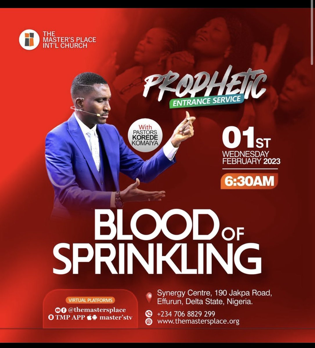 mastersplace's tweet photo. The blood ensures your victory over battles and sieges.
Overcome by the blood of Sprinkling
Join Masters TV Live!
https://t.co/Uz23smwXac
Gain victory over every battle or siege. Your testimony has begun.
#Tmp #KoredeKomaiya #project1344 #HappyNewMonth https://t.co/30eHkCRLOK
